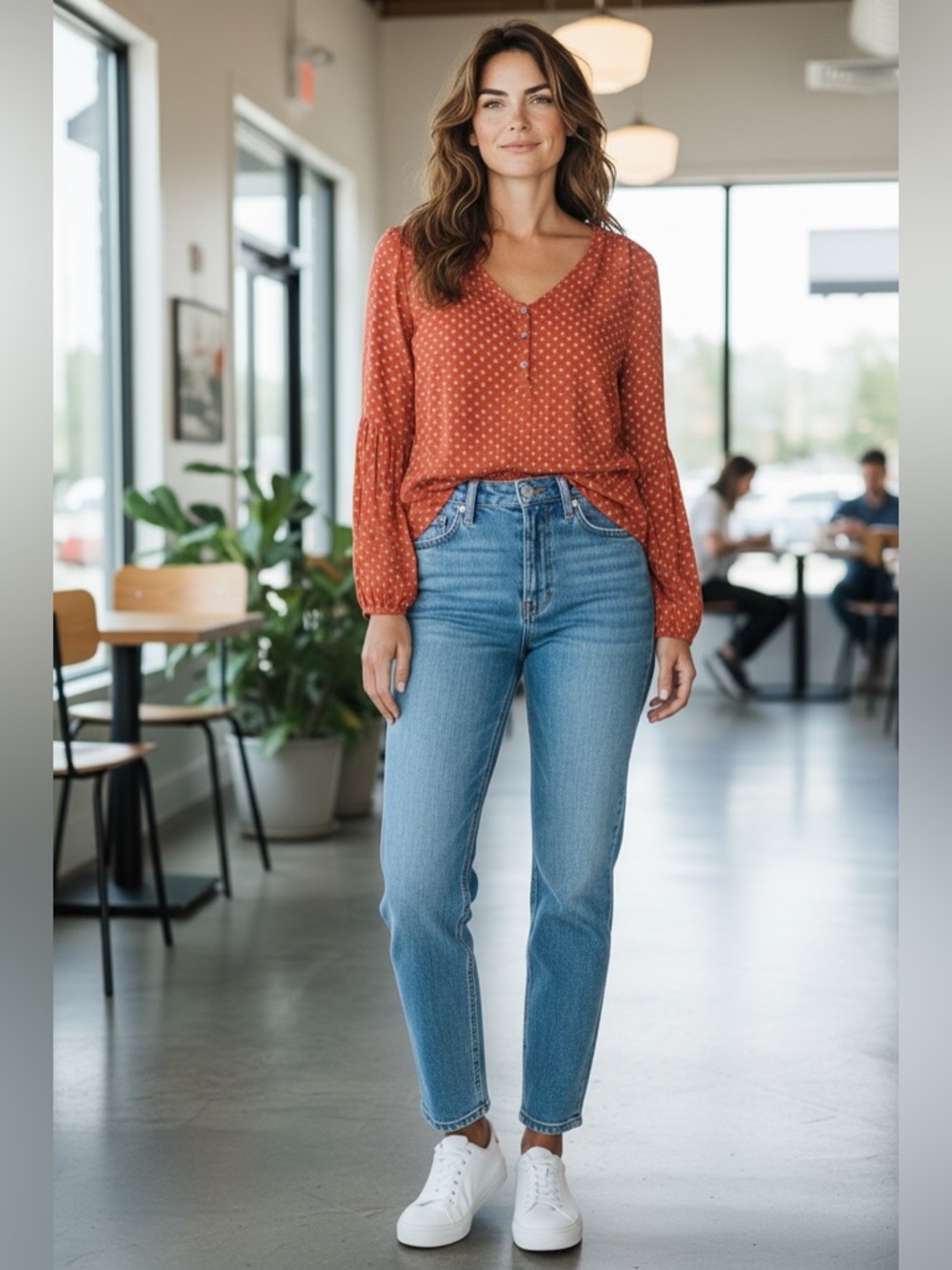 Universal Thread Women’s Rust Orange Printed Button Henley Blouse